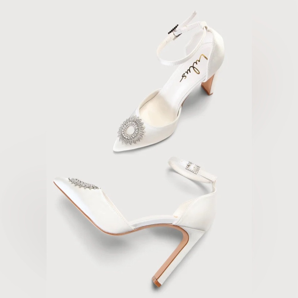 Lulus Bradleyy White Satin Pointed-Toe Ankle Strap Pumps